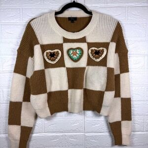 Debut Sweater Womens S/M Brown Ivory Checkered Crochet Heart Patch Knit Crop
